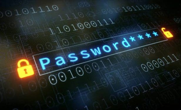 Close up on a password input field on a surface with binary numbers, a blueprint schematics and two padlocks on each side.